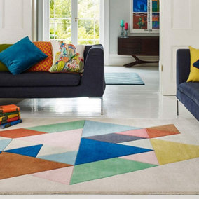 Multicoloured Wool Handmade Luxurious Modern Chequered Geometric Rug Easy to clean for Living Room and Bedroom-120cm X 170cm