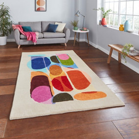 Multicoloured Wool Luxurious Modern Wool Abstract Rug Easy to clean Living Room and Bedroom-120cm X 170cm