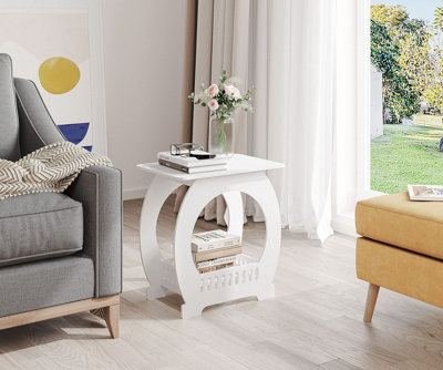 Multifunction Small Side Table with Storage Shelf Basket, 46cm x 44cm x 30cm