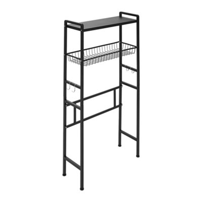 Multifunctional Black Storage Rack with Hooks above Washing Machine