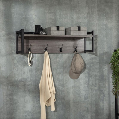 Multifunctional coat rack with open shelves and hooks, grey