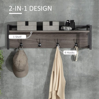 Multifunctional coat rack with open shelves and hooks, grey