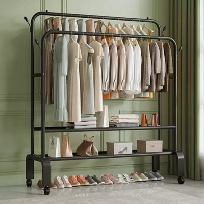 Multifunctional Removable Double-Rod Clothes Rack with Hooks and Brakes