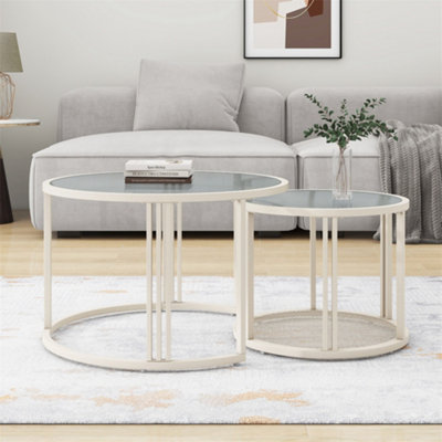 Multifunctional White Coffee Table Set of 2, Changhong Glass Tabletop