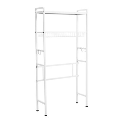 Multifunctional White Storage Rack with Hooks above Washing Machine