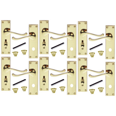 Multipack Door Handles Victorian Scroll Lever Bath Lock - Brass - 150mm X 40mm - 6 Pairs
