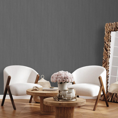 Muriva Alethia Texture Wallpaper - For Living Room, Bedroom, Fireplace - Textured Finish, Solid Colour Pattern, Black