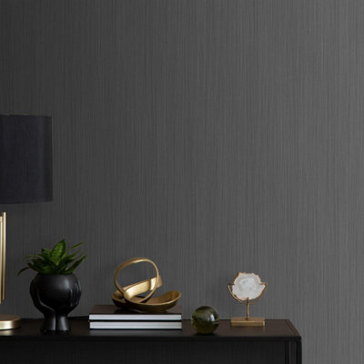Muriva Alethia Texture Wallpaper - For Living Room, Bedroom, Fireplace - Textured Finish, Solid Colour Pattern, Black