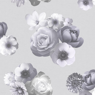 Muriva Aurora Lilac Flower Black & White Lovely Floral Wallpaper 142502