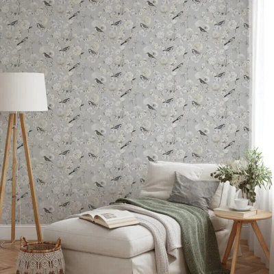 Muriva Avery Grey and Cream Bird Print Floral Luxury Wallpaper 202501