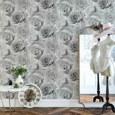 Muriva Bella Grey Flower Wall Rose Bloom 3D Effect Floral Designer Wallpaper