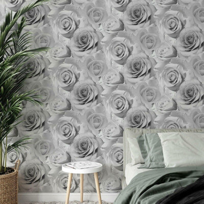 Muriva Bella Grey Flower Wall Rose Bloom 3D Effect Floral Designer ...
