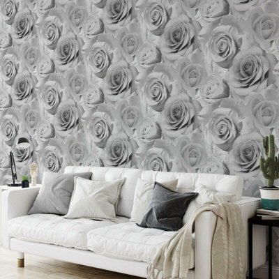 Muriva Bella Grey Flower Wall Rose Bloom 3D Effect Floral Designer ...