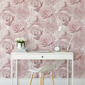 Muriva Bella Soft Pink Flower Rose Bloom 3D Effect Floral Designer Wallpaper
