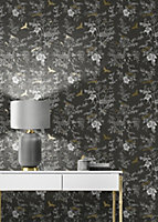 Muriva Black/Gold Floral 3D effect Patterned Wallpaper