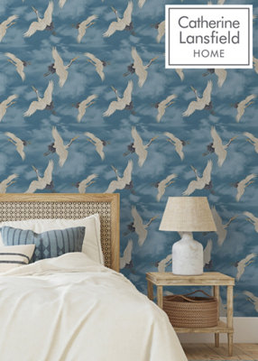 Muriva Blue Birds Metallic effect Patterned Wallpaper