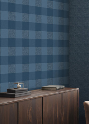 Muriva Blue Check Fabric effect Patterned Wallpaper