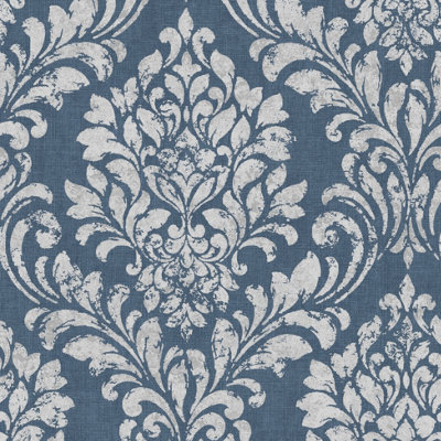 Muriva Blue Damask Shimmer effect Embossed Wallpaper