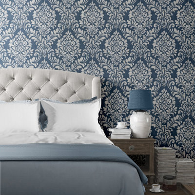 Muriva Blue Damask Shimmer effect Embossed Wallpaper