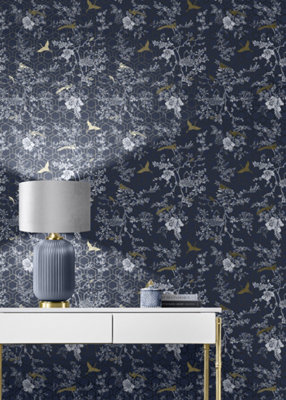 Muriva Blue Floral 3D effect Patterned Wallpaper DIY at B&Q