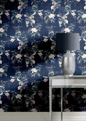 Muriva Blue Floral 3D effect Patterned Wallpaper