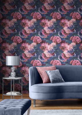 Muriva Blue Floral 3D effect Patterned Wallpaper