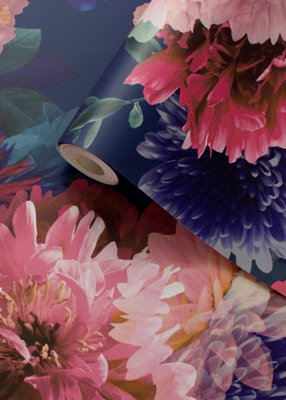Muriva Blue Floral 3D effect Patterned Wallpaper