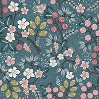 Muriva Blue Floral Distressed effect Embossed Wallpaper