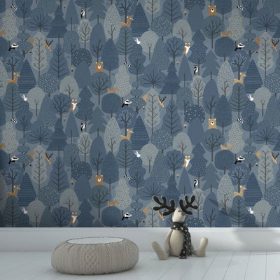 Muriva Blue Floral Metallic effect Embossed Wallpaper
