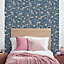 Muriva Blue Floral Metallic effect Embossed Wallpaper
