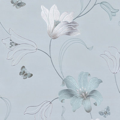 Muriva Blue Floral Metallic Effect Embossed Wallpaper | DIY At B&Q