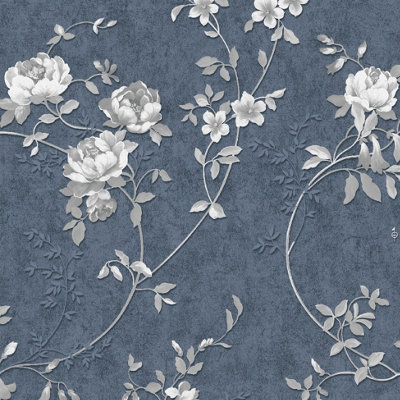 Muriva Blue Floral Mica effect Embossed Wallpaper