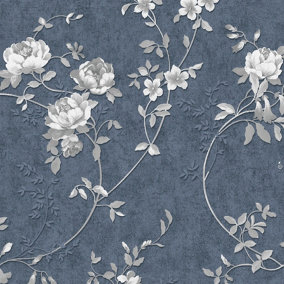 Muriva Blue Floral Mica effect Embossed Wallpaper