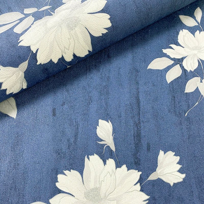 Muriva Blue Floral Mica effect Embossed Wallpaper