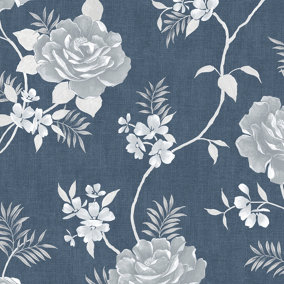 Muriva Blue Floral Shimmer effect Embossed Wallpaper