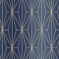 Muriva Blue Geometric Metallic effect Embossed Wallpaper