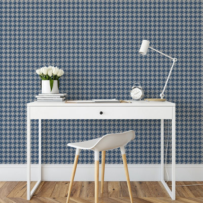 Muriva Blue Houndstooth Metallic effect Embossed Wallpaper