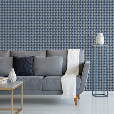 Muriva Blue Houndstooth Metallic effect Embossed Wallpaper