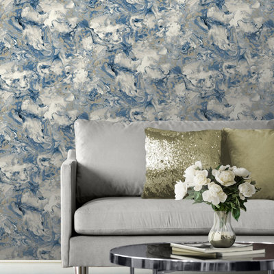 Muriva Blue Marble Metallic effect Embossed Wallpaper