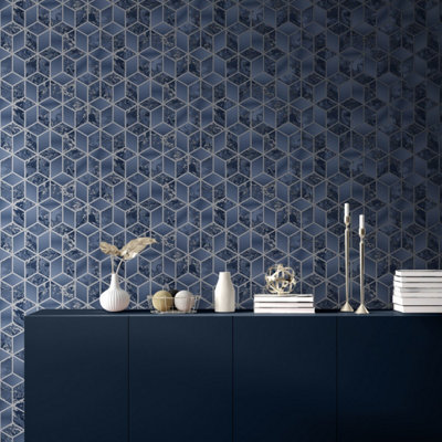 Muriva Blue Marble Metallic effect Embossed Wallpaper