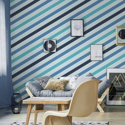 Muriva Blue Stripe Metallic effect Embossed Wallpaper