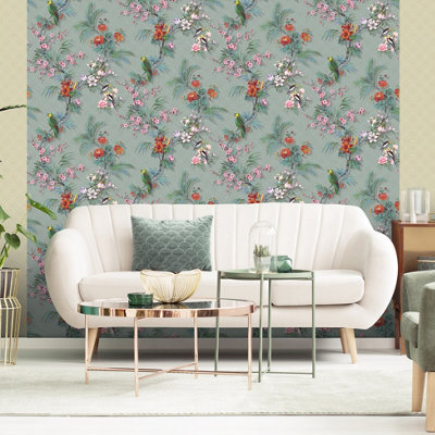 Muriva Blue Tropical Distressed effect Embossed Wallpaper
