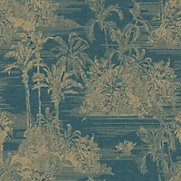 Muriva Blue Tropical Fabric effect Embossed Wallpaper