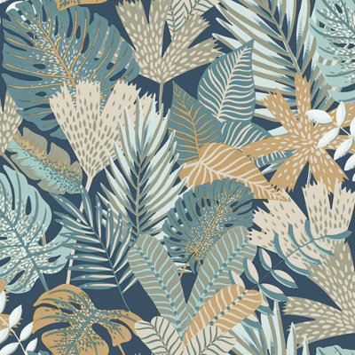 Muriva Blue Tropical Water coloured effect Embossed Wallpaper