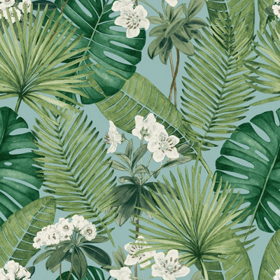 Muriva Blue Tropical Water coloured effect Embossed Wallpaper | DIY at B&Q