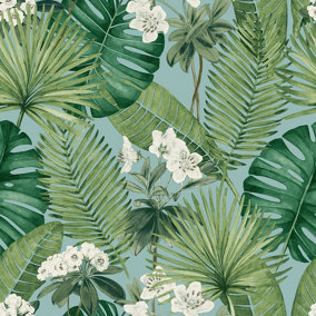 Muriva Blue Tropical Water coloured effect Embossed Wallpaper