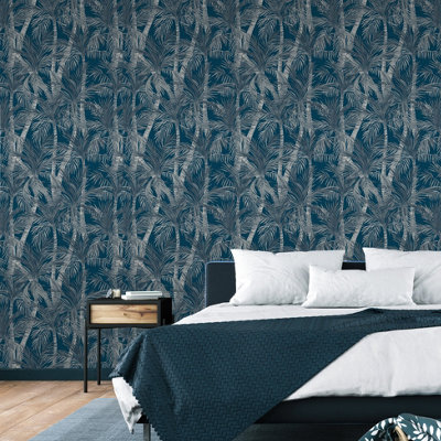 Muriva Blue Tropical Water coloured effect Embossed Wallpaper