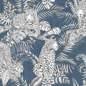Muriva Blue Wildlife Shimmer effect Embossed Wallpaper