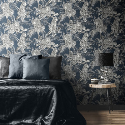 Muriva Blue Wildlife Shimmer effect Embossed Wallpaper
