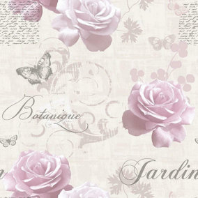Muriva Botanical Garden Wallpaper Pink Rose Script Floral Butterfly 127502